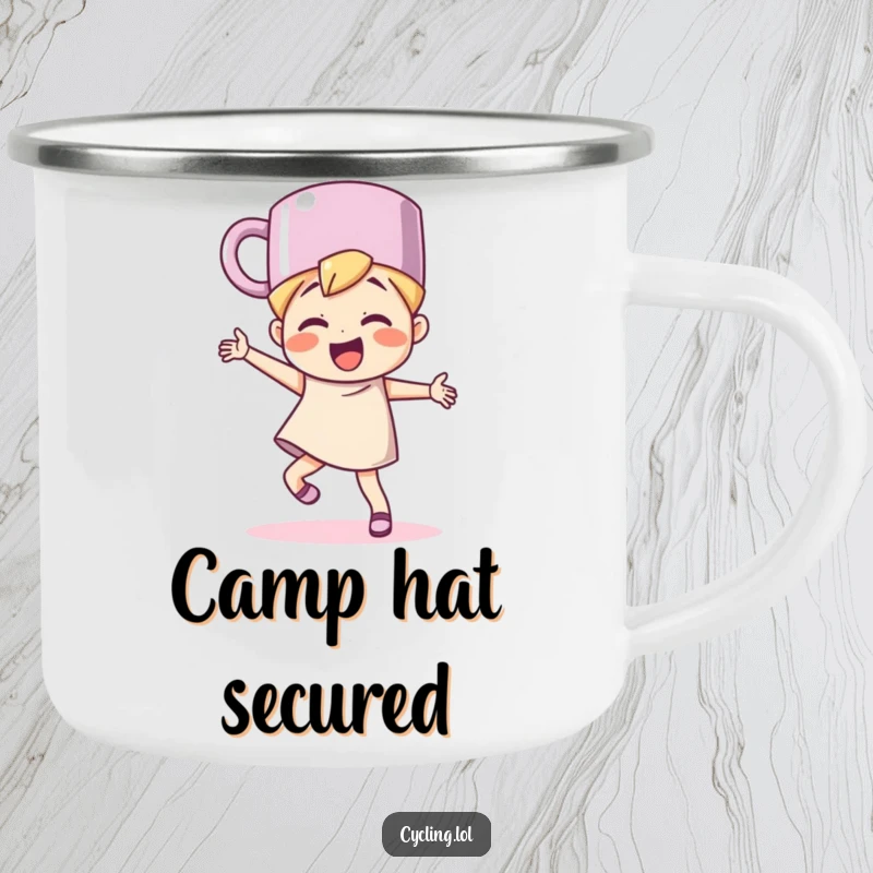 Funny character wearing a mug as a hat, dancing with glee, on a camping mug, perfect for joyful outdoor moments.