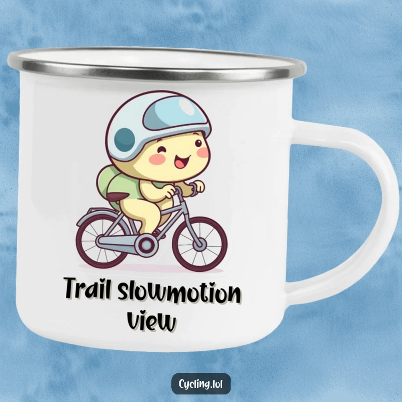 Funny snail camping mug featuring a happy snail in a tiny helmet, cycling very slowly, perfect for outdoor laughs.