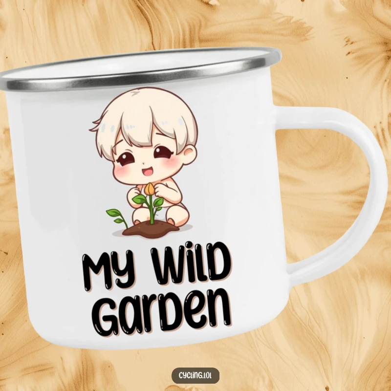 Funny camping mug showcasing a character smiling curiously at a plant with a sprouting seed, perfect for outdoor enthusiasts.