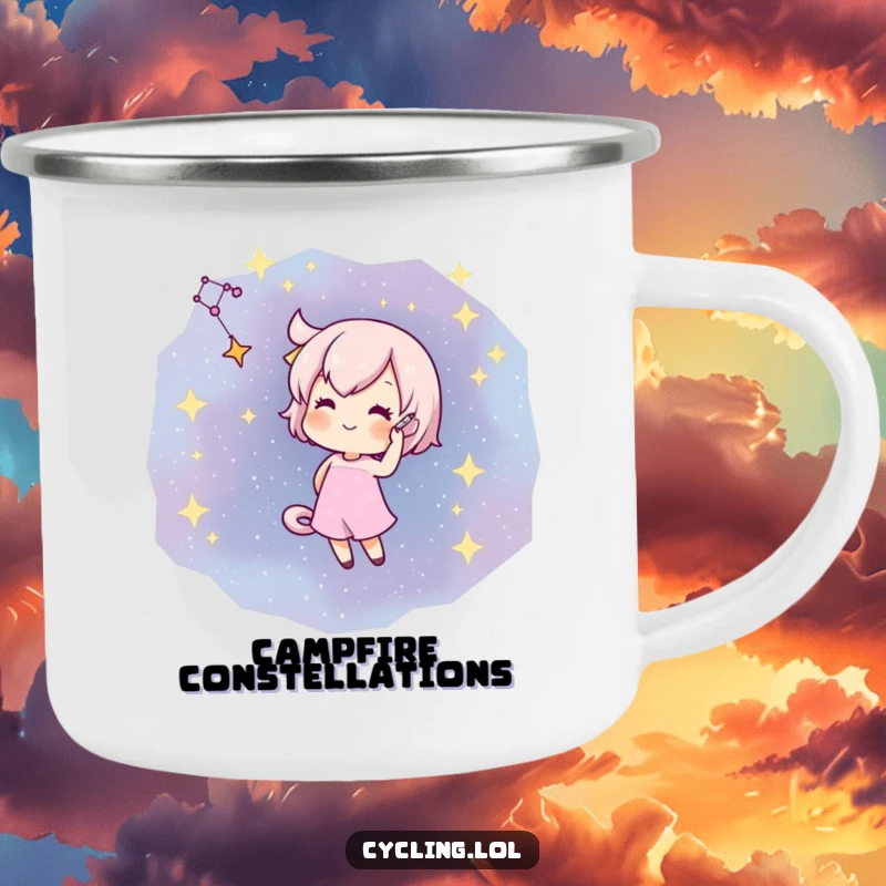 Funny camping mug showing a character artistically drawing a constellation with a flourish on a star-filled night sky.