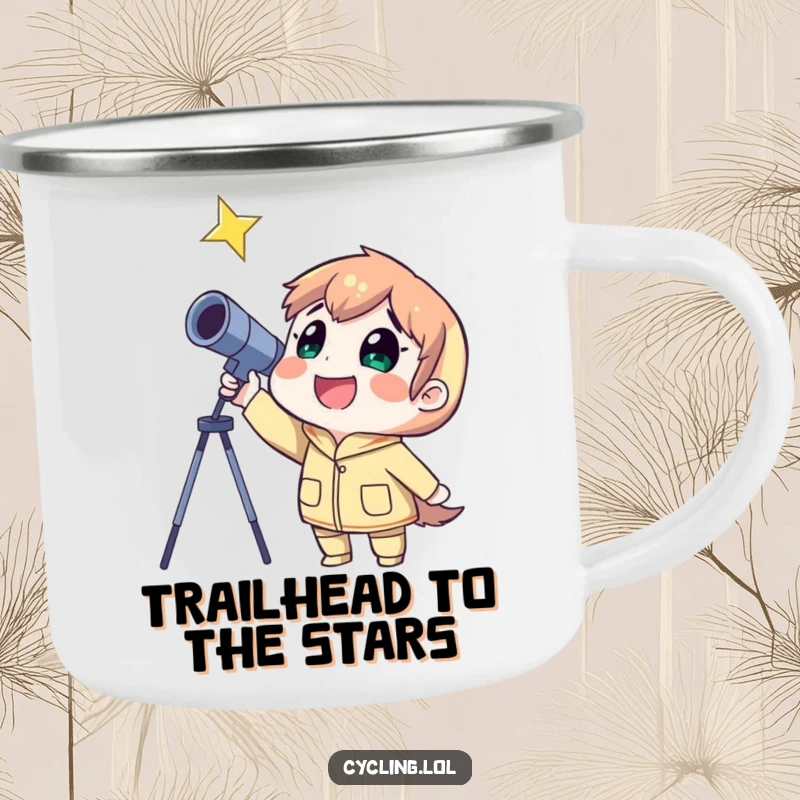 Funny camping mug depicting a grinning stargazer with a telescope, ideal for outdoor adventures and cosmic views.