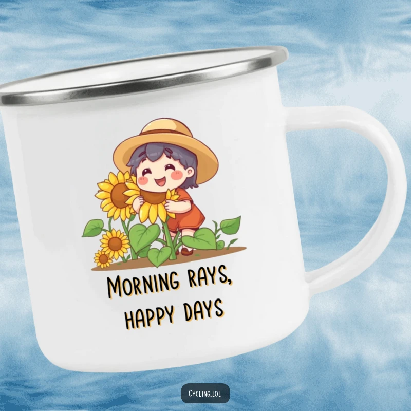 Funny camping mug with a character in a straw hat, joyfully watering a giant, smiling sunflower, perfect for outdoor enthusiasts.