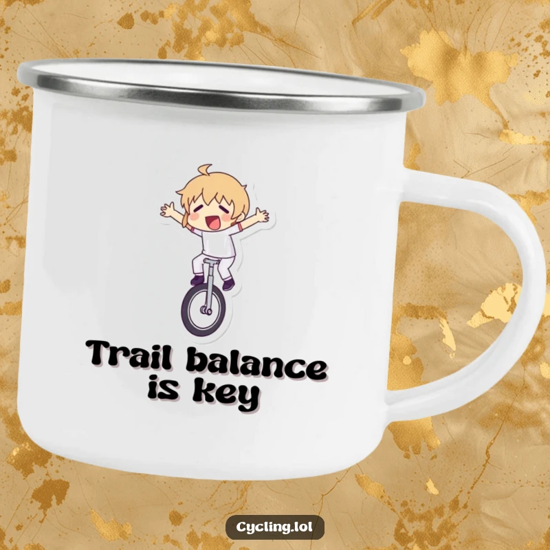 Funny camping mug showing a character comically losing balance on a unicycle, perfect for enjoying beverages on outdoor adventures with a laugh.