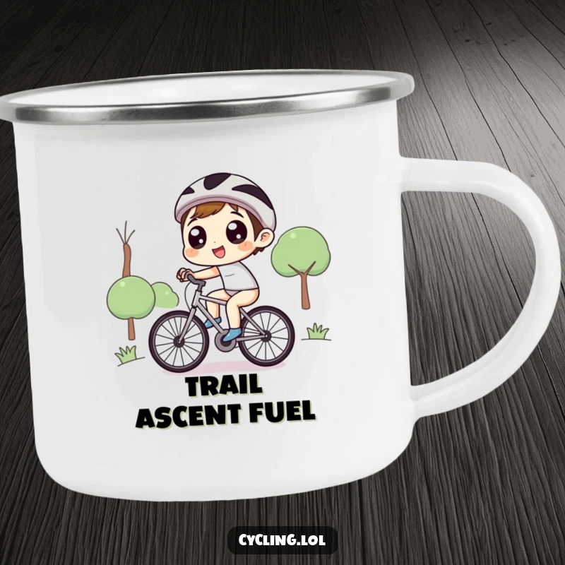 Funny camping mug of a character with eyes wide with delight, joyously pedaling a bicycle uphill, perfect for rugged outdoor use.