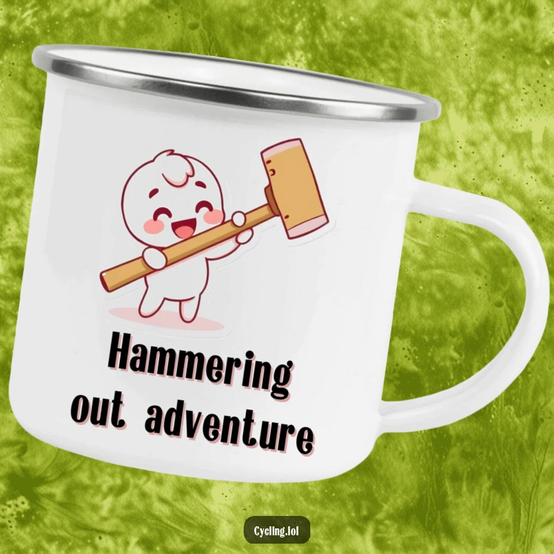 Funny enamel camping mug with a character humorously hammering a pretend nail using a comically large hammer, ideal for rugged fun.