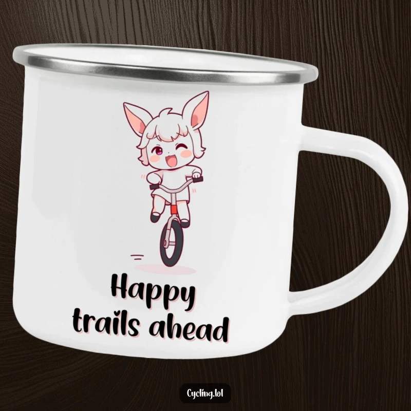 Funny camping mug featuring a character bouncing excitedly on a unicycle, ears flapping, perfect for enjoying drinks during outdoor adventures.