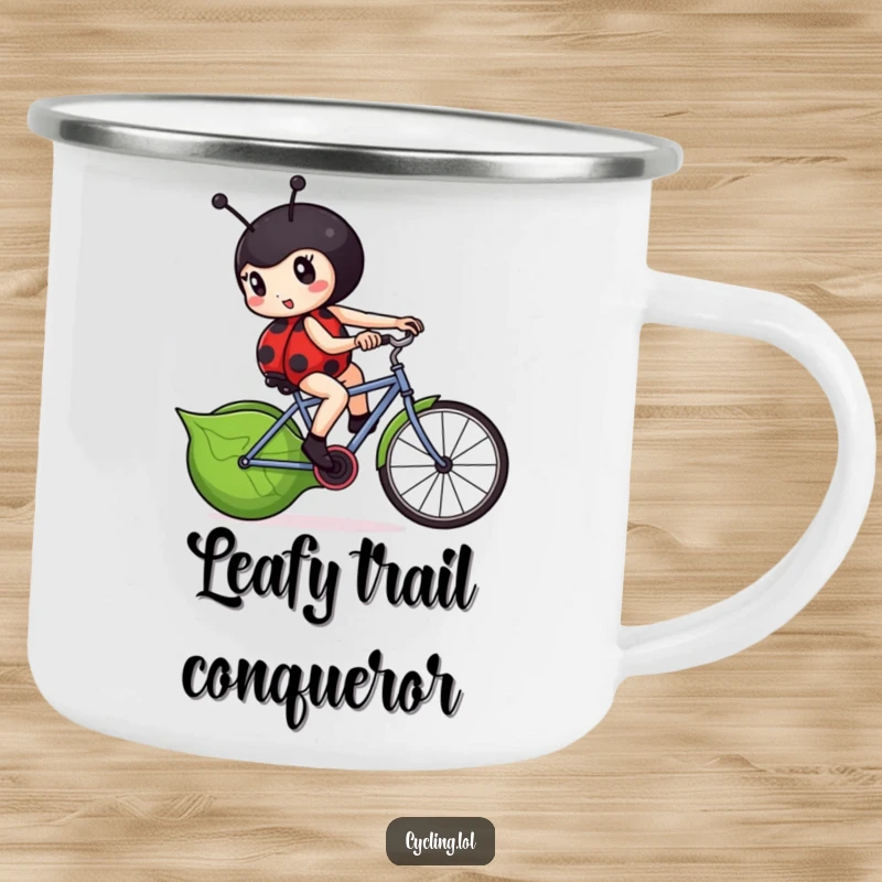 Funny ladybug camping mug featuring a determined ladybug furiously pedaling a leaf-shaped bicycle.