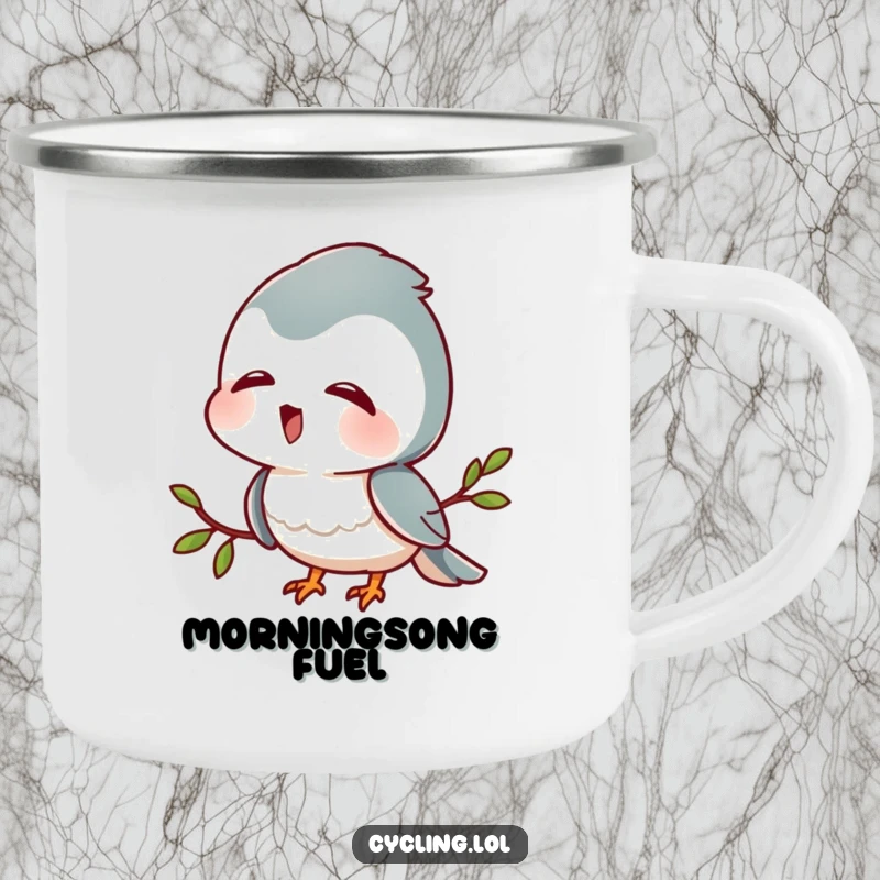 Funny camping mug showing a character with head tilted, listening intently to bird sounds with delight, perfect for outdoor enthusiasts.