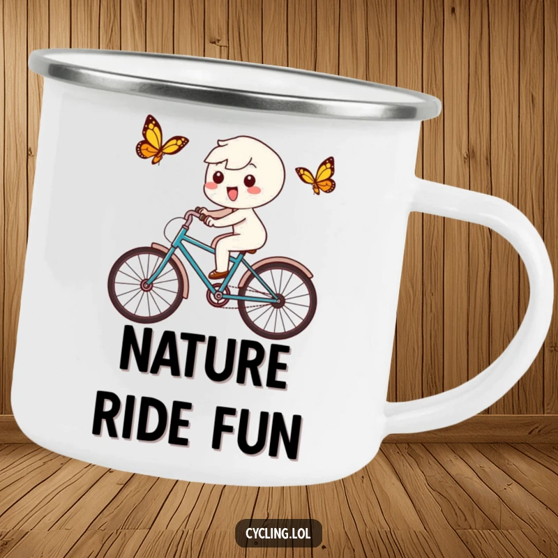 Funny camping mug featuring a delighted Kawaii character chasing a butterfly on a bicycle, ideal for outdoor enthusiasts who love nature.