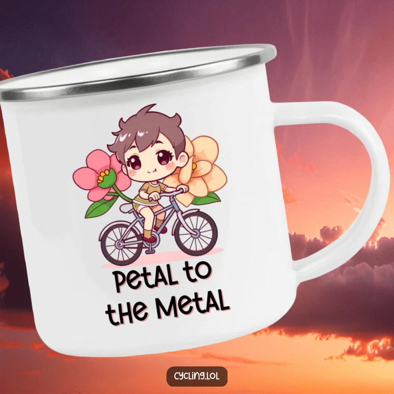 Funny bicycle camping mug with a determined, cheerful character riding a bike with a giant flower.