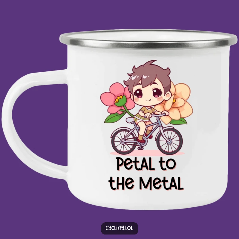 Durable Funny Bicycle Flower Camping Mug, Determined Rider, Cheerful Cup, Outdoor Floral