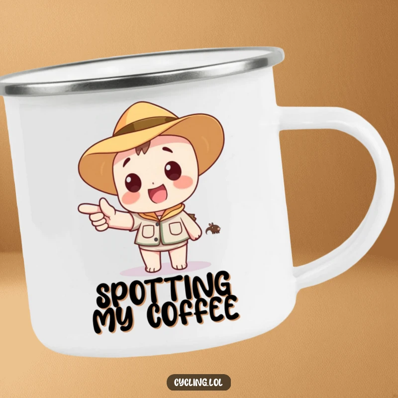 Funny camping mug showing a character in a safari hat, excitedly pointing to a distant, cartoon animal, perfect for outdoor enthusiasts.