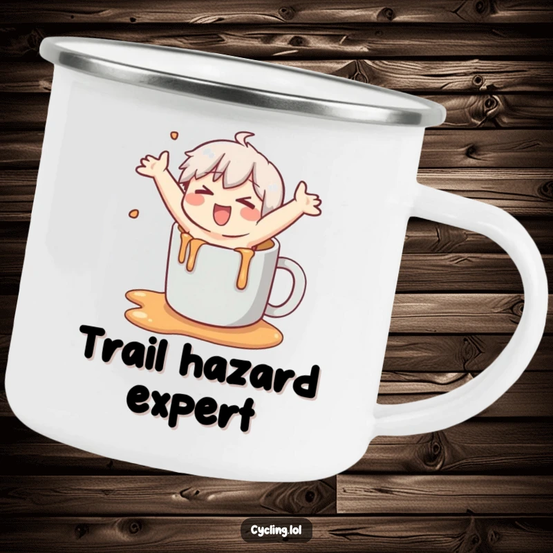 Funny enamel camping mug featuring a character comically slipping on spilled liquid during an outdoor activity, arms flailing hilariously.