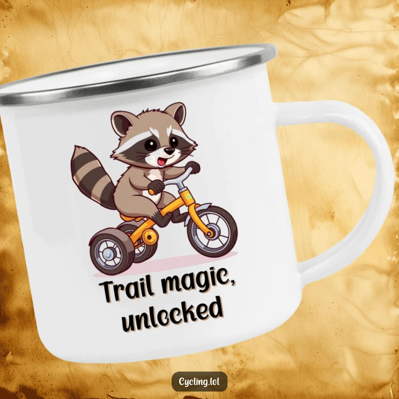 Funny Raccoon Camping Mug: A raccoon performs a wheelie on a tricycle, perfect for outdoor enthusiasts who enjoy humorous designs.