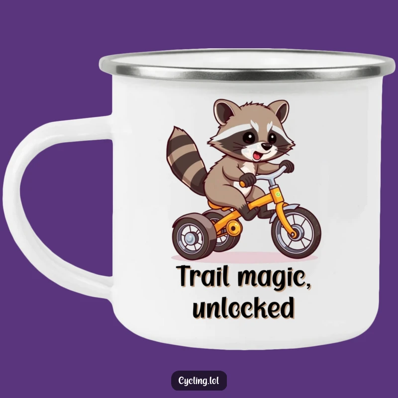 Take your adventures and your sense of humor on the go with this rugged camping mug featuring a raccoon's epic tricycle wheelie. Built for the wild, and for laughs.