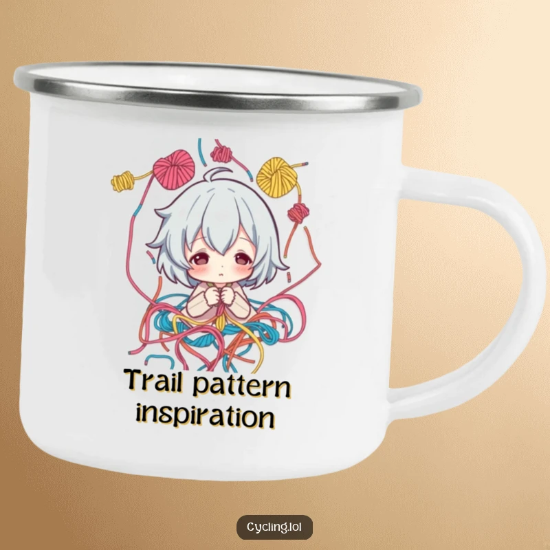 Funny Camping Mug: Artist character surrounded by threads, thoughtfully looking at a pattern, humorous companion for outdoor creativity.