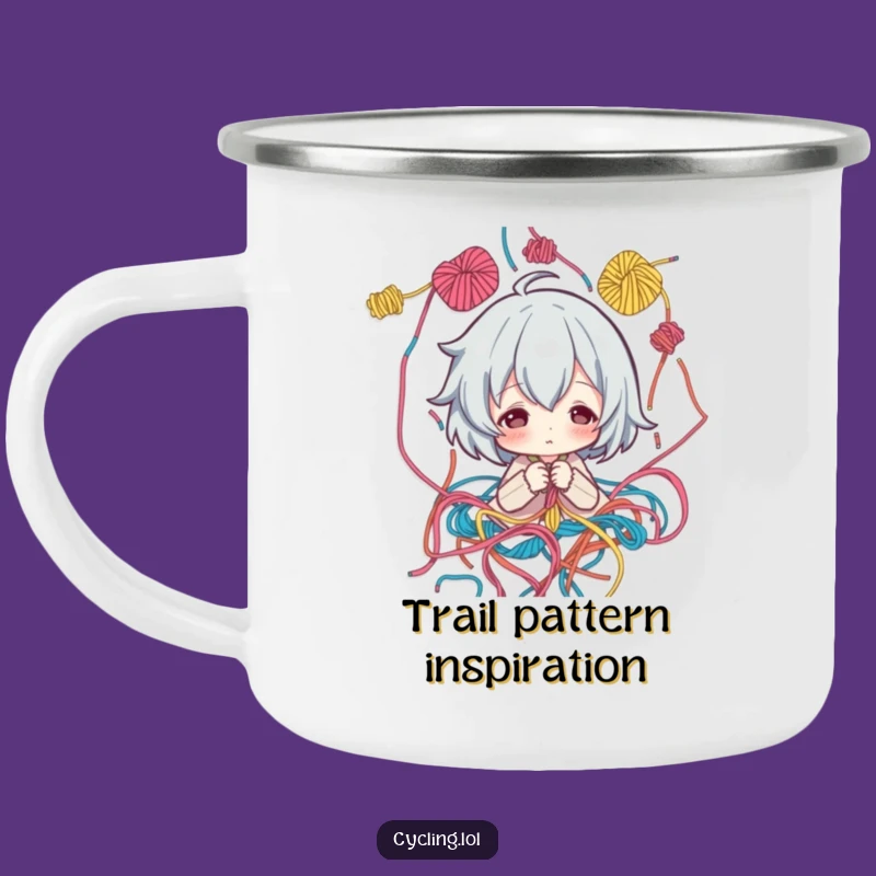 Funny Enamel Camping Mug: Thread Artist's Pattern Contemplation, Hilarious Outdoor Funny Gift