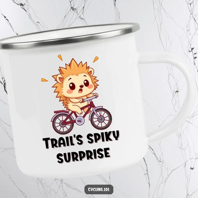 Funny hedgehog camping mug featuring a surprised hedgehog with quills flying as it rides a tiny bicycle.