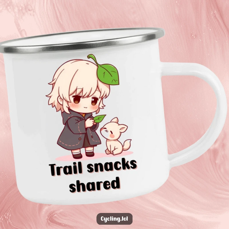 Funny camping mug showing a character gently offering a leaf to a small, grateful animal, perfect for outdoor enthusiasts.