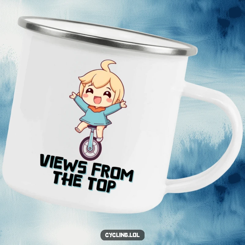 Funny camping mug featuring a character riding a unicycle upside down with eyes wide in glee, perfect for enjoying drinks outdoors.