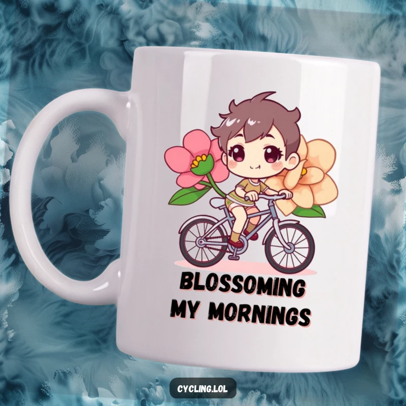 Funny bicycle mug featuring a determined yet cheerful character steering a bike with a massive, blooming flower.