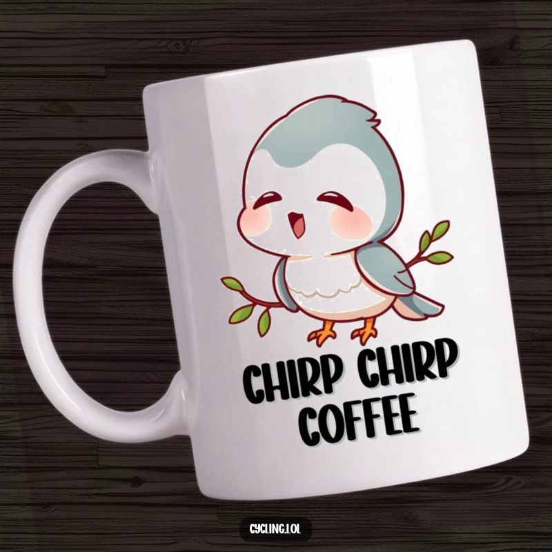 Funny mug showing a character with head tilted, listening intently to bird sounds with a look of pure delight, capturing auditory bliss.