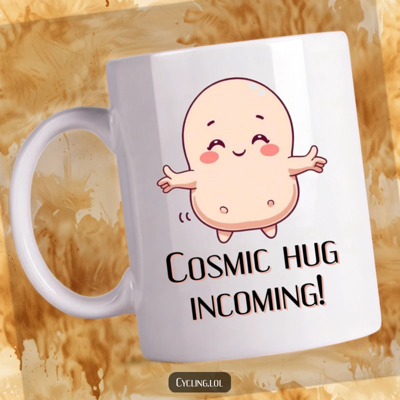 Funny mug showing a character with arms wide open, joyfully hugging a smiling, friendly comet in outer space.