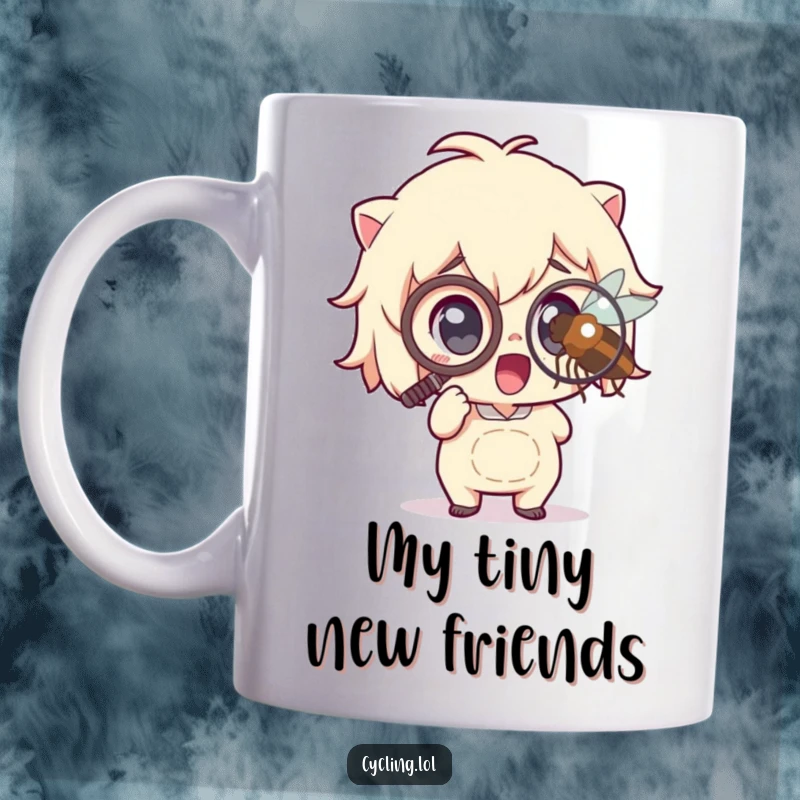 Funny Mug: Character in monocle excitedly inspects a magnified insect, showcasing scientific curiosity and a humorous appreciation for the small wonders of nature.