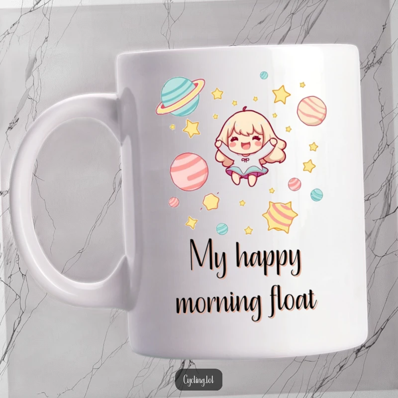 Funny mug showing a joyful character happily floating among colorful, cartoonish stars and planets in space.