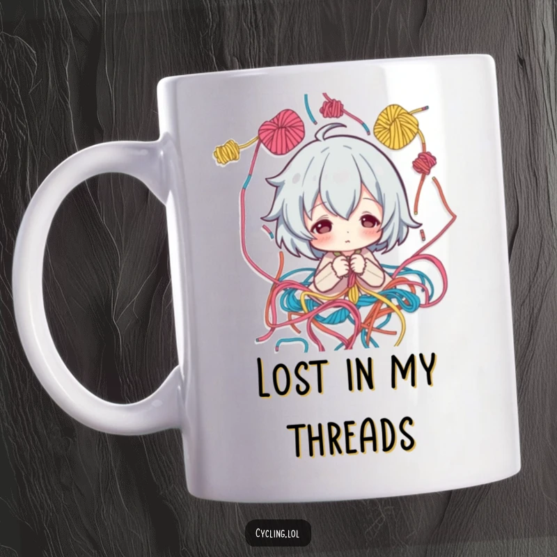 Funny Mug: Artist character surrounded by vibrant threads, thoughtfully gazing at a pattern, conveying creative contemplation humorously.