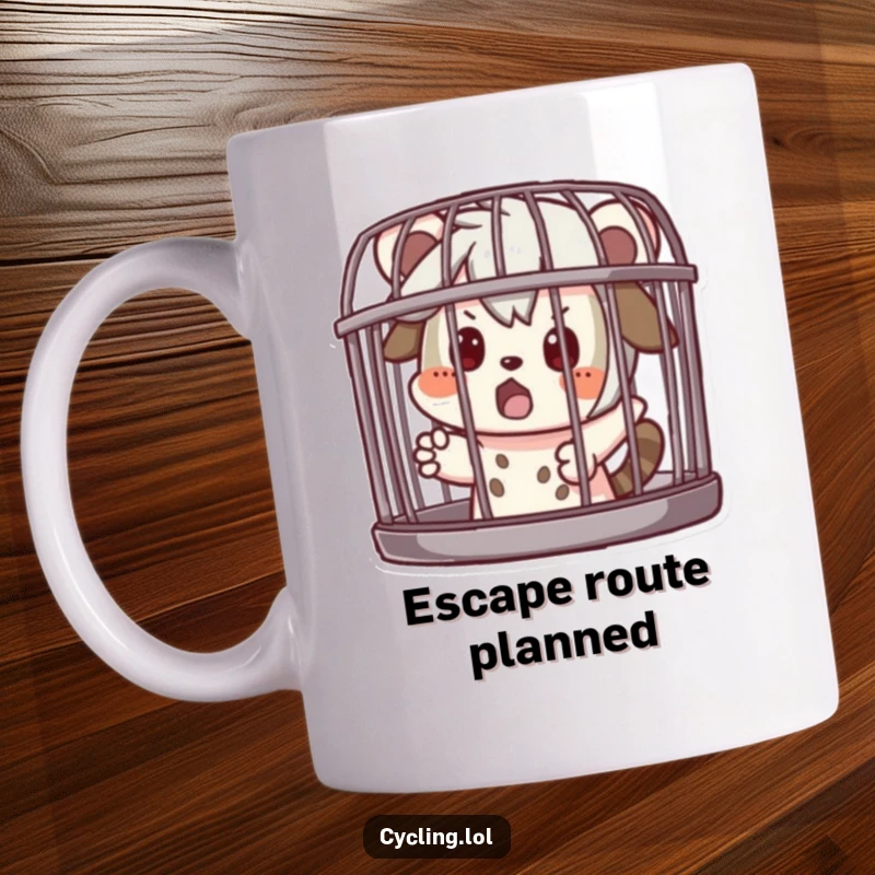 Funny Mug: Character pretends to be caged, looking surprised, capturing a moment of playful mischief and unexpected humor, a great gift for comedians.