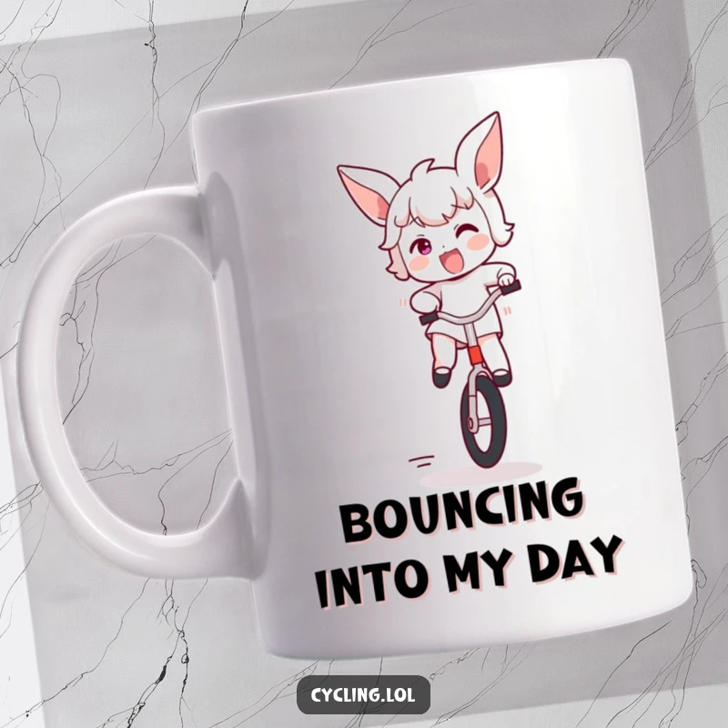 Funny mug showing a character gleefully bouncing on a unicycle, ears flapping with pure excitement and joy, a delightful sight.