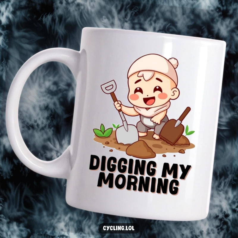 Funny mug showing a character enthusiastically digging in soil with a trowel, a wide grin on their face.