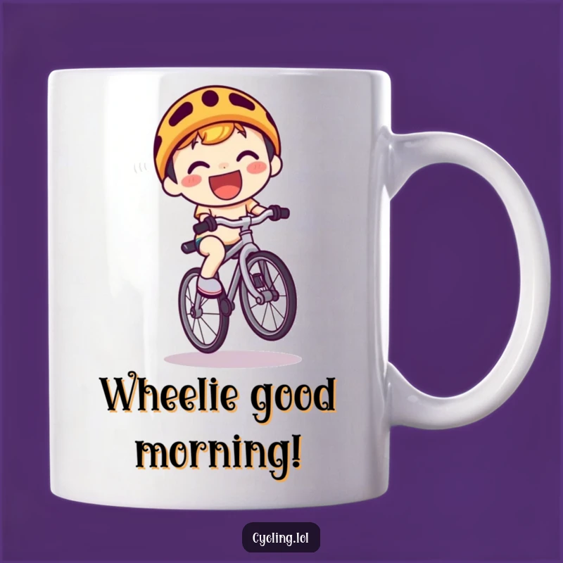 Funny Kawaii Wheelie Mug: Grinning Cyclist's Adorable Balance Act - Perfect Funny Gift
