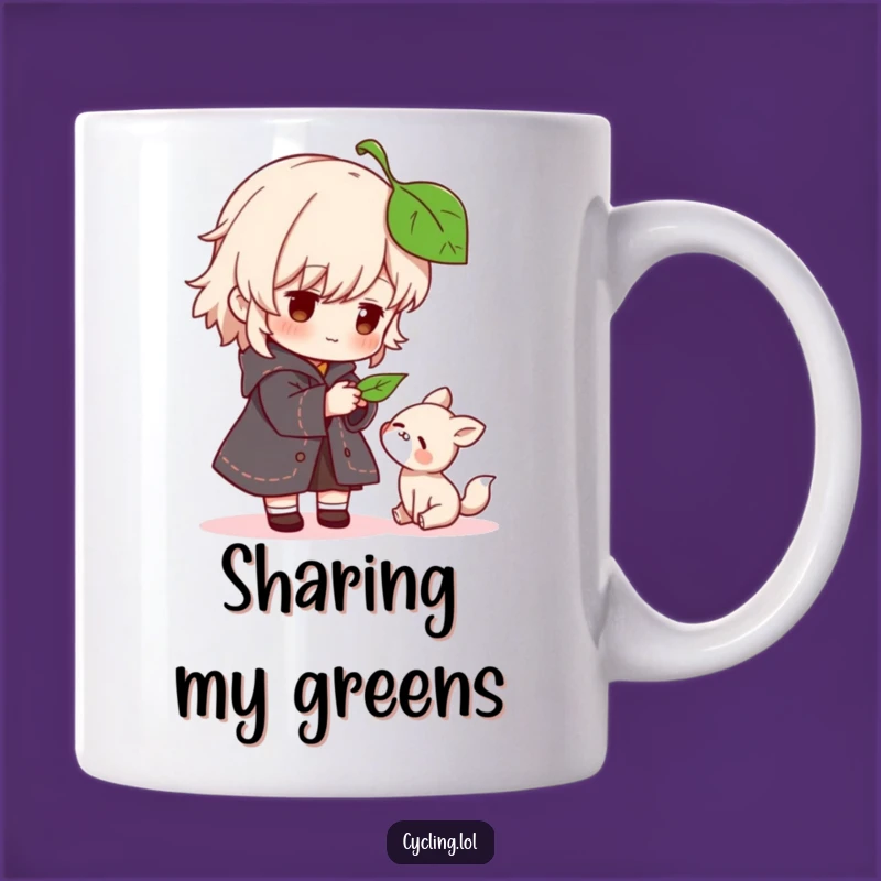 Funny Kindness Mug: Character's Gentle Leaf Offering to Grateful Animal