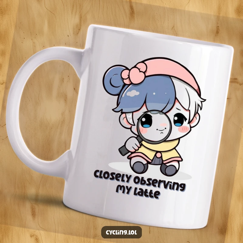 Funny mug featuring a focused character examining a tiny, smiling moon with a magnifying glass, highlighting curiosity.