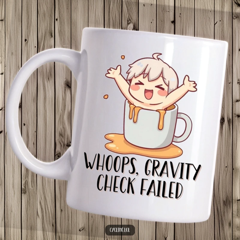 Funny mug featuring a cartoon character comically slipping on spilled liquid, arms flailing wildly in a moment of hilarious disarray.