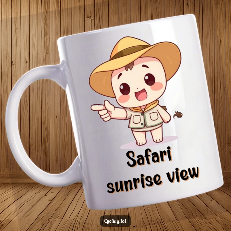 Funny mug showing a character in a safari hat excitedly pointing towards a distant, cartoon animal, capturing the spirit of discovery.