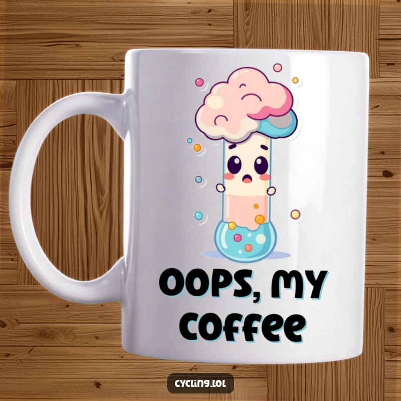 Funny Mug featuring a surprised character witnessing a test tube erupting with colorful foam, a moment of hilarious scientific chaos.