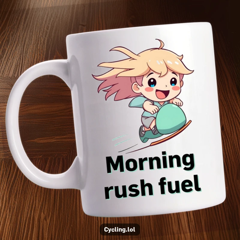 Funny speed mug showcasing a character zooming downhill with windblown hair and an ecstatic, happy smile.