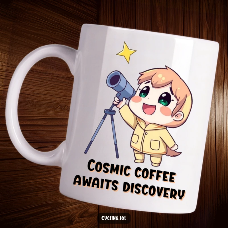 Funny mug featuring a grinning character aiming a telescope at a star, embodying curiosity and delight in space.