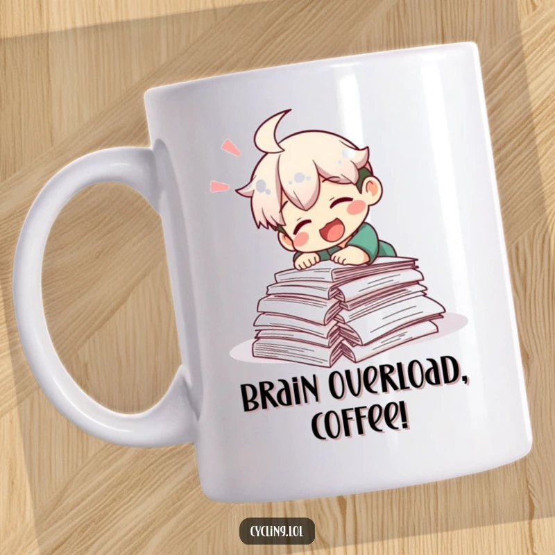 Funny mug showing a character comically tripping over a messy pile of research papers while laughing, capturing academic chaos.
