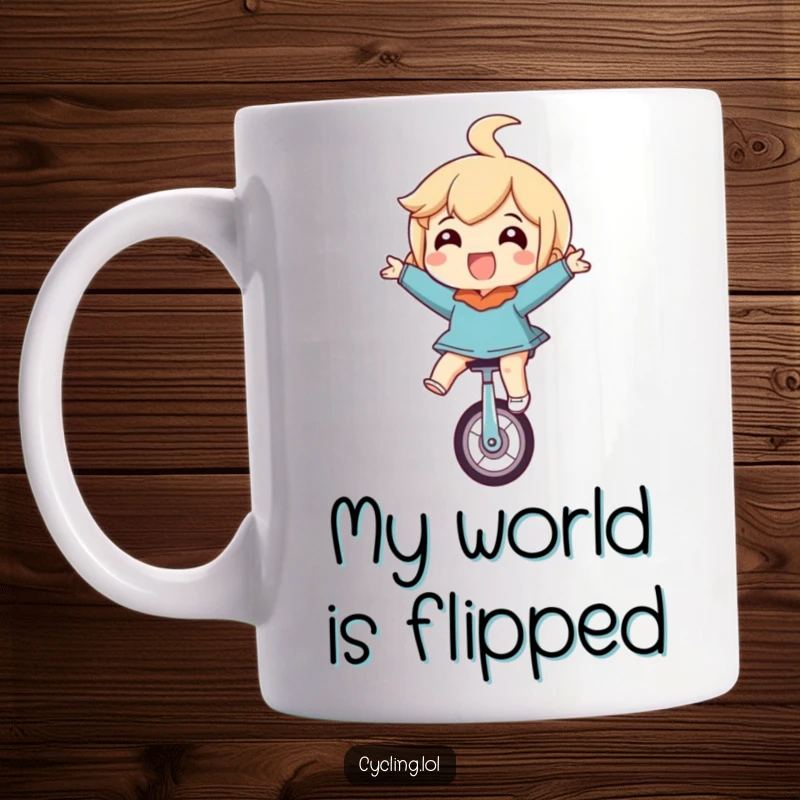 Funny mug showing a character riding a unicycle upside down with eyes wide in absolute glee, an image of pure, inverted happiness.
