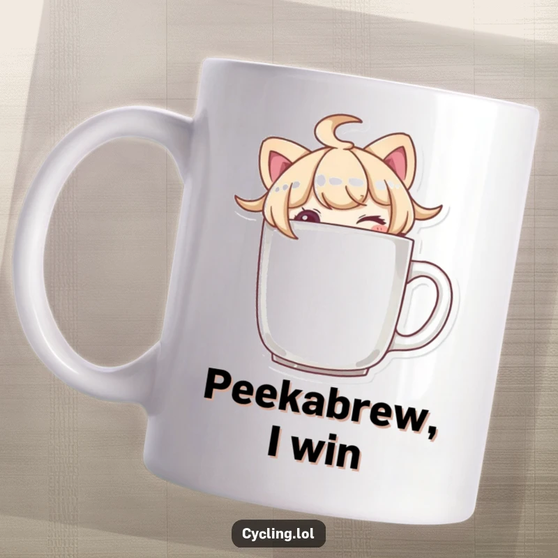 Funny character peeking playfully over the brim of a coffee mug, with a cheeky wink, sharing a secret smile.