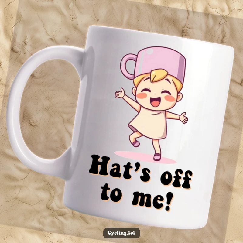 Funny character wearing a coffee mug as a hat, dancing with wild, exaggerated glee, showcasing pure beverage celebration.