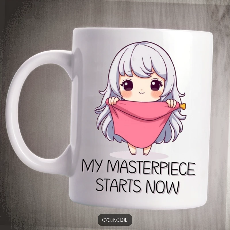 Funny Mug: Seamstress dramatically unrolling fabric, envisioning a grand, creative design with a humorous, inspired expression.