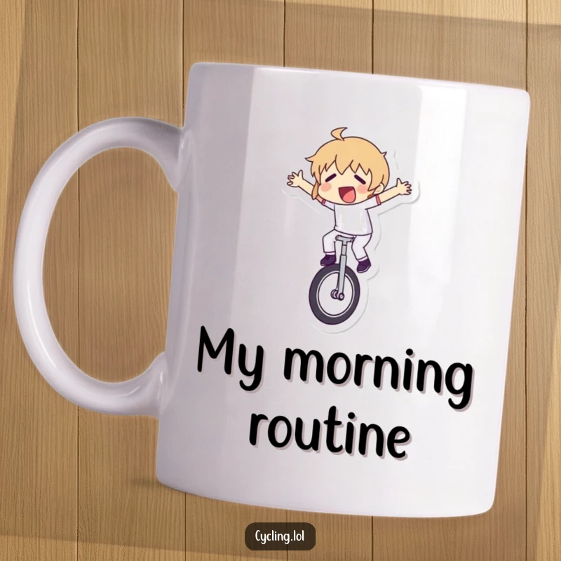 Funny mug showing a cartoon character losing balance on a unicycle, arms wildly flailing in a comical attempt to stay upright.