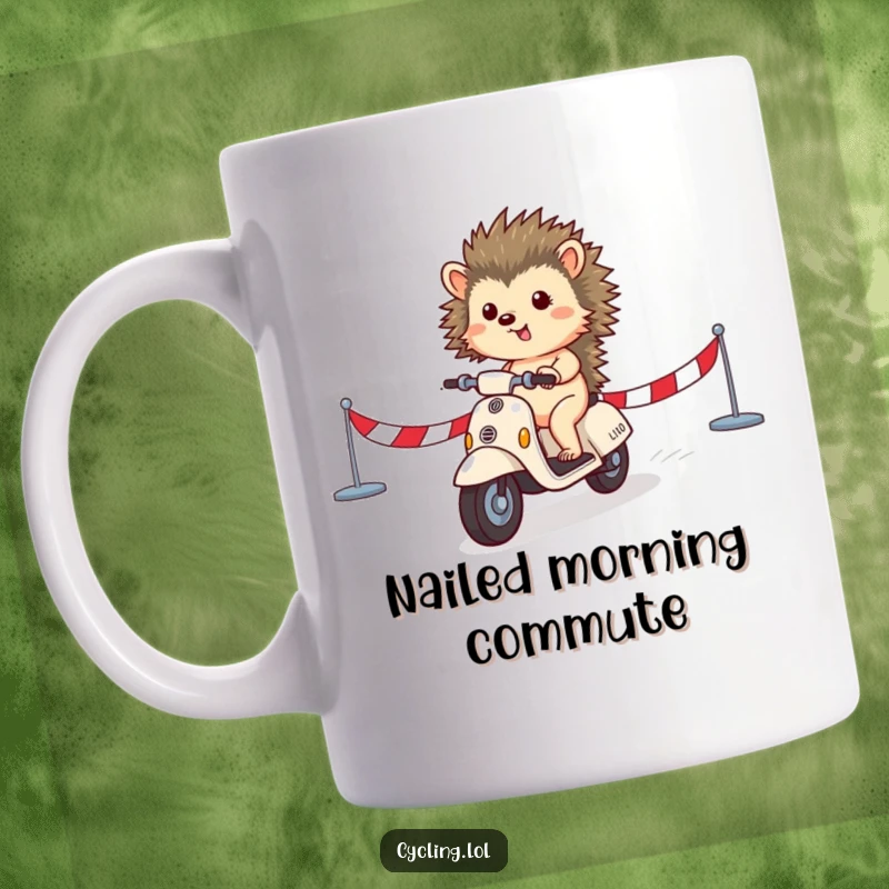 Funny mug shows a small hedgehog triumphantly crossing a finish line on a scooter, celebrating a fun, speedy victory.