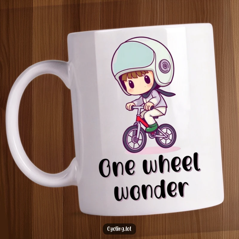 Funny mug of a character wearing a comically large helmet, wobbling precariously on a unicycle, showcasing balance and humor.
