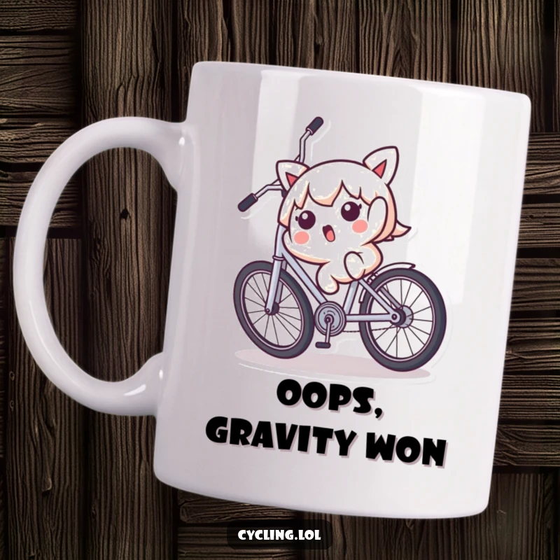 Funny Kawaii mug showing a surprised character falling backward off a wobbly bicycle, capturing a moment of comical mishap.
